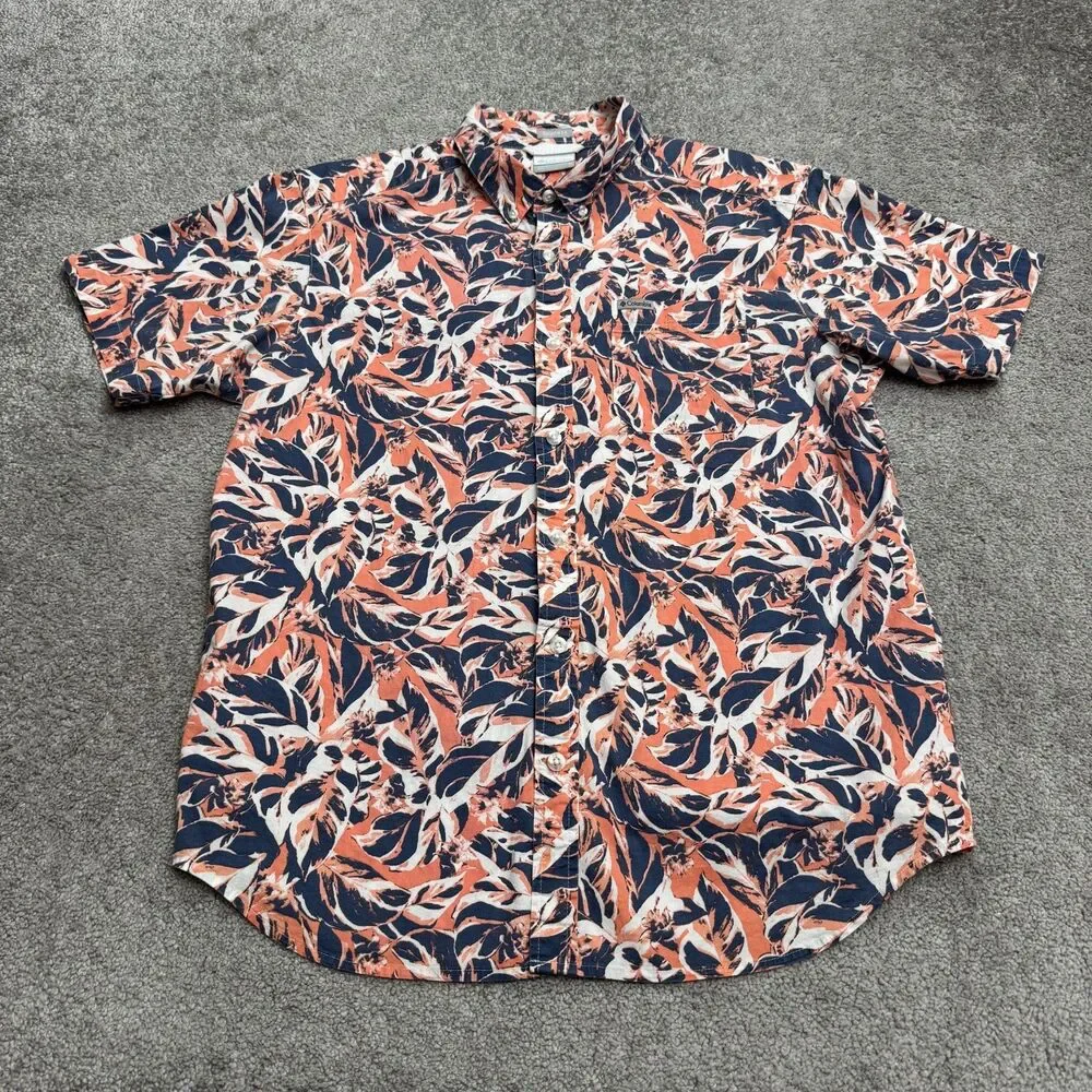 Columbia Rapid River Floral Button Down Shirt Mens Medium Navy Peach Cotton Boho
